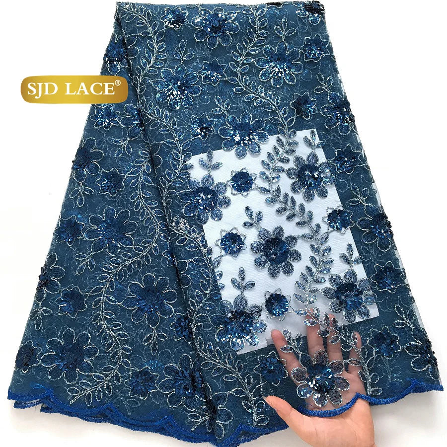 SJD LACE 5Yards Nigerian Tulle Mesh Lace Fabric 2025 High Quality French African Sequins Net Lace for Women Wedding Dresses 4173
