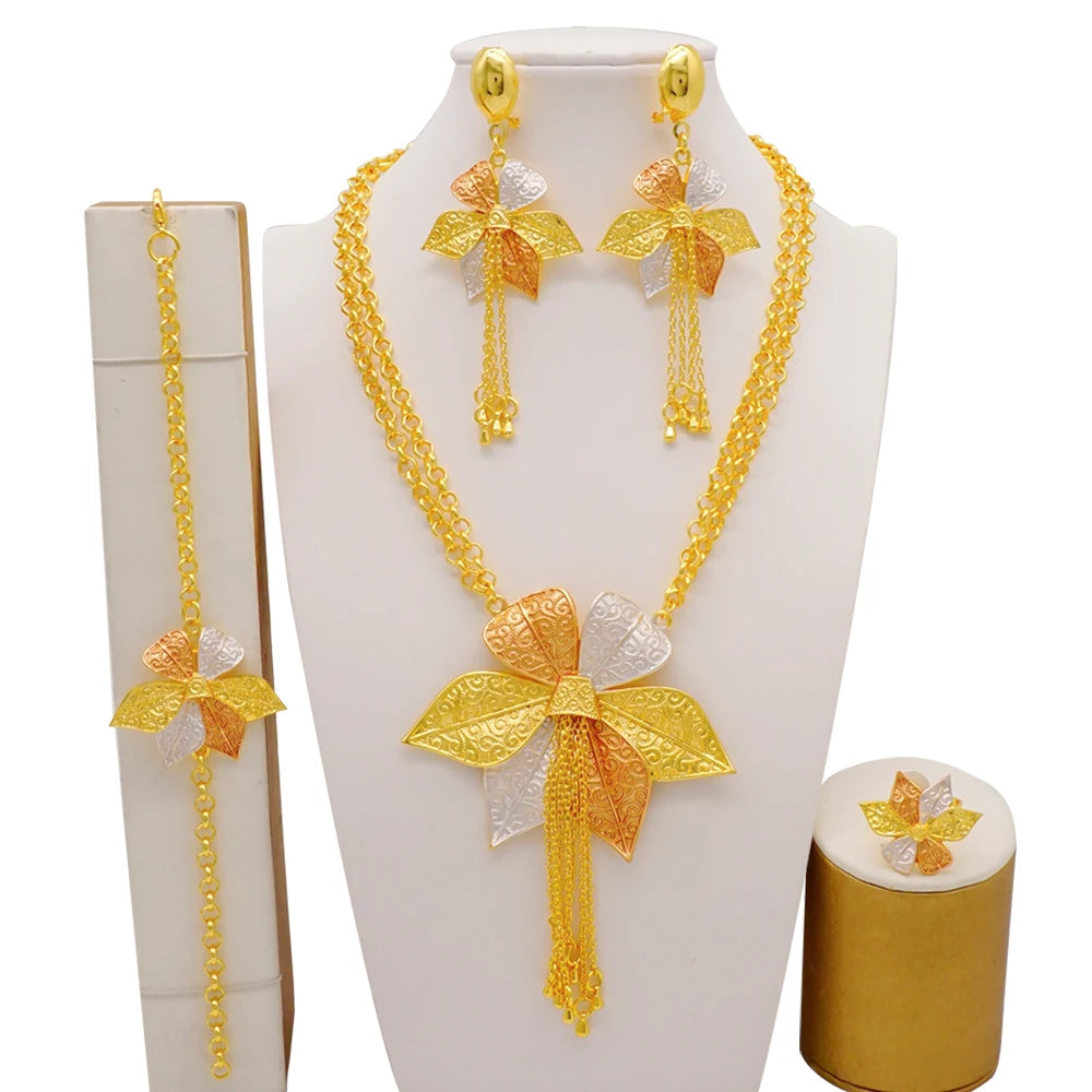 Dubai Gold Color Jewelry Set For Woman Bridal Nigerian African Long Chain Necklace Earrings Bracelet Ring Jewellery Set