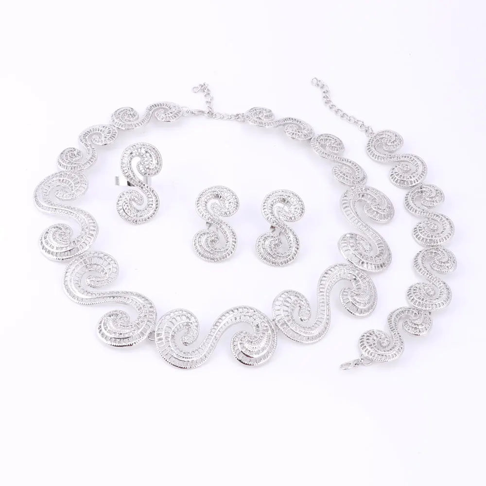 African Jewellery Sets Silver Color Hollow Out Necklace Bracelet Ring Earrings Sets Classic Bridal Jewelry Sets
