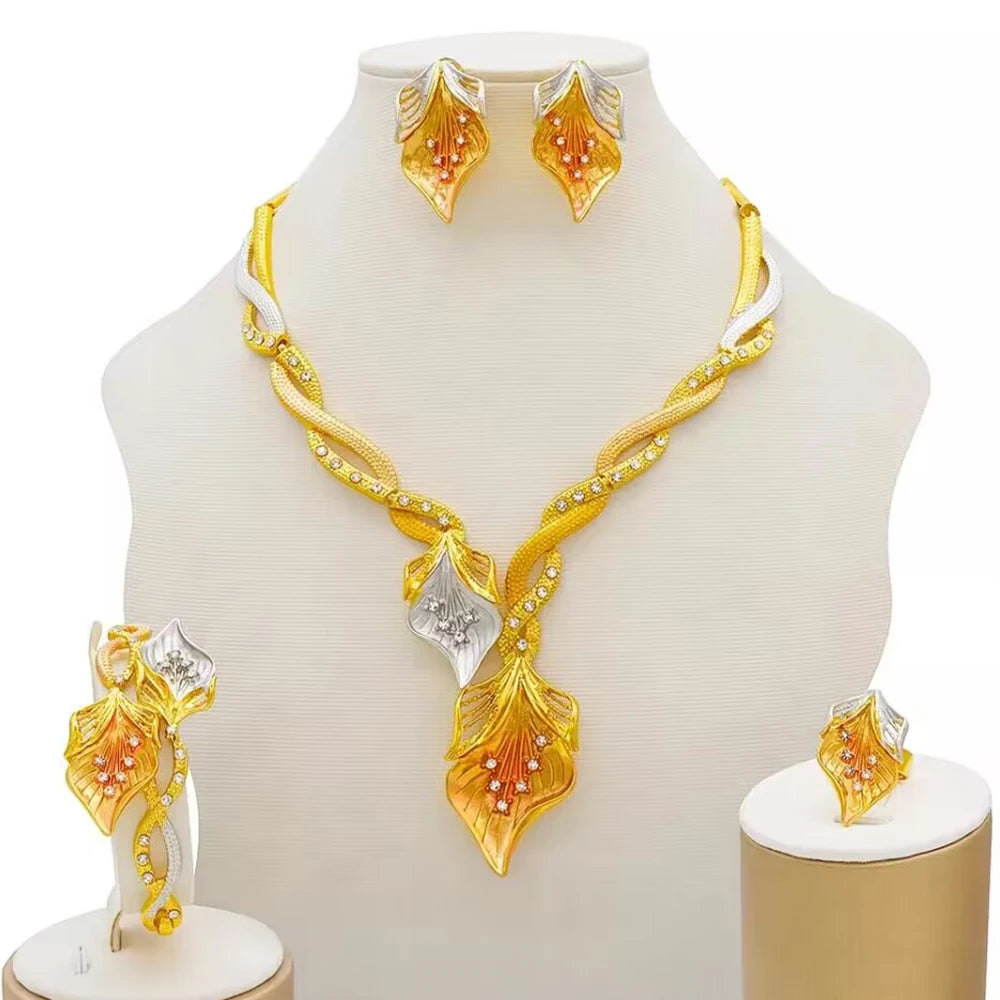 Nigeria Dubai Gold Color Fine Flowers Jewelry Sets African Wedding Gifts Party For Women Bracelet Necklace Earrings Ring Set