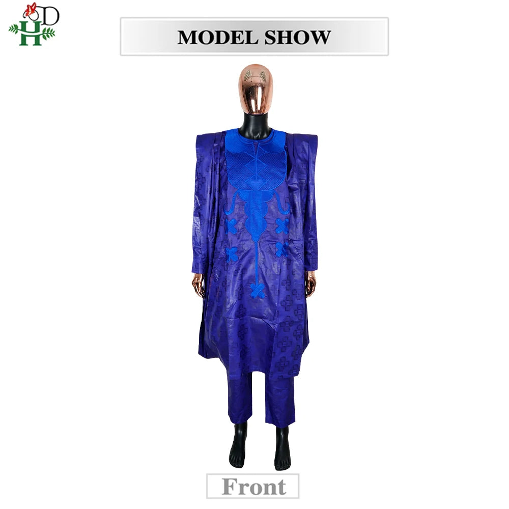 H&D African Clothing Traditional 3PCS African Outfit For Man Blue Bazin Riche Agbada Embroidered Wedding Party Robe Plus Size