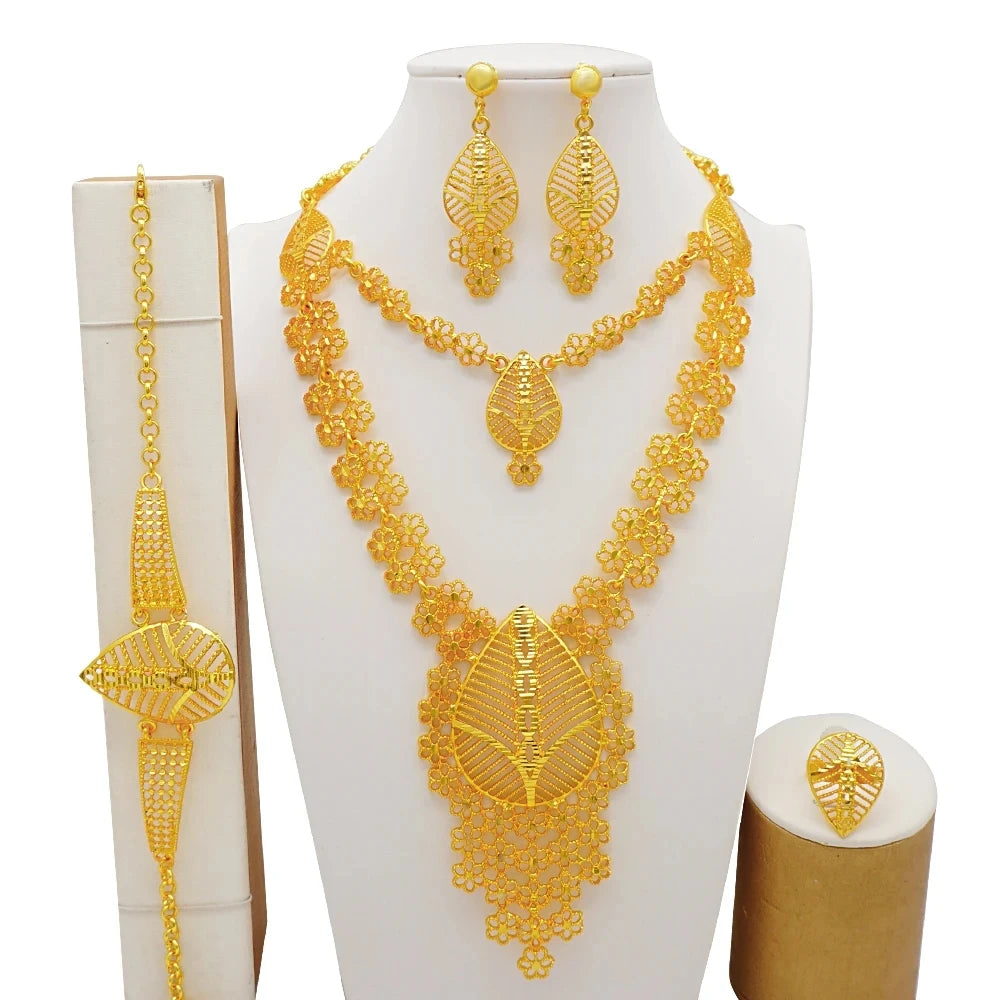 Necklace Sets For Women Dubai African Gold Color Jewelry Set Bride Earrings Rings Indian Nigerian Wedding Jewelery Set Gift