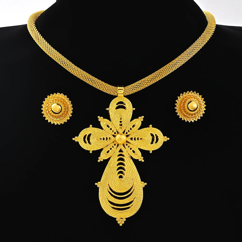 Saudi Arabia 24K Gold Color Ethiopia Women Jewelry Necklace Earring African Arab Bridal Set Habesha Eritrea Party Gift
