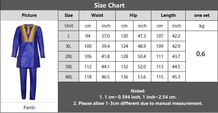 H&D New African Clothes for Men Tradition Clothing Embroidery Blue 2 Pcs Set Top Pant Bazin Muslim Wedding Party Dashiki