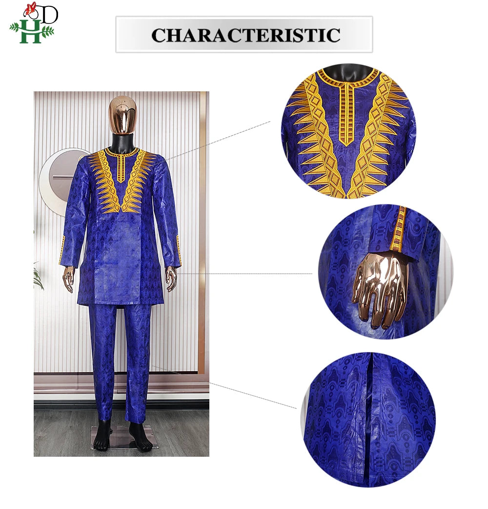 H&D New African Clothes for Men Tradition Clothing Embroidery Blue 2 Pcs Set Top Pant Bazin Muslim Wedding Party Dashiki