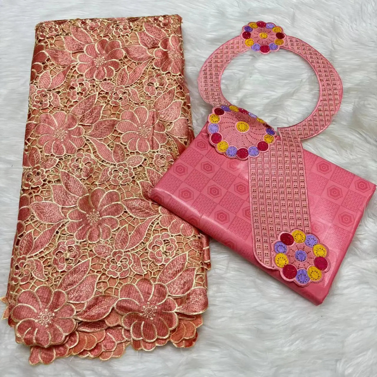 2024 High Quality 2.5yards Bazin Riche Brocade Fabric +2.5 Yards African Cotton Lace Fabric with Collar Set for Dress  M4-1212-1