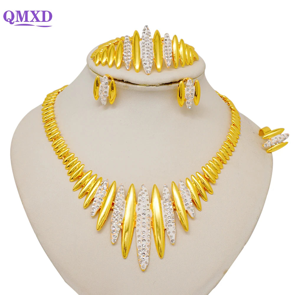 Trendy Nigerian Dubai Gold Color Jewelry Set For Women Tassel Long Chain Bridal Long Necklace Bracelet Earring Ring Wedding Sets
