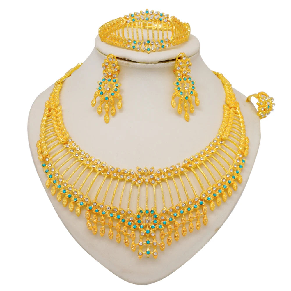 Trendy Nigerian Dubai Gold Color Jewelry Set For Women Tassel Long Chain Bridal Long Necklace Bracelet Earring Ring Wedding Sets