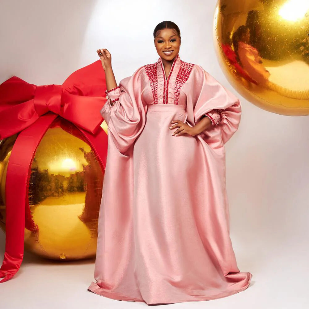 fashion turkey dresses for woman luxury elegant 2025 V-neck rhinestones dresses for church boubou  african dresses