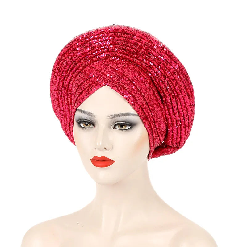 African Already Made Hat Auto Gele Women Hijab Headtie Nigeria Wedding Party Gele Female Head Wraps Headpiece Sequin Turban Caps