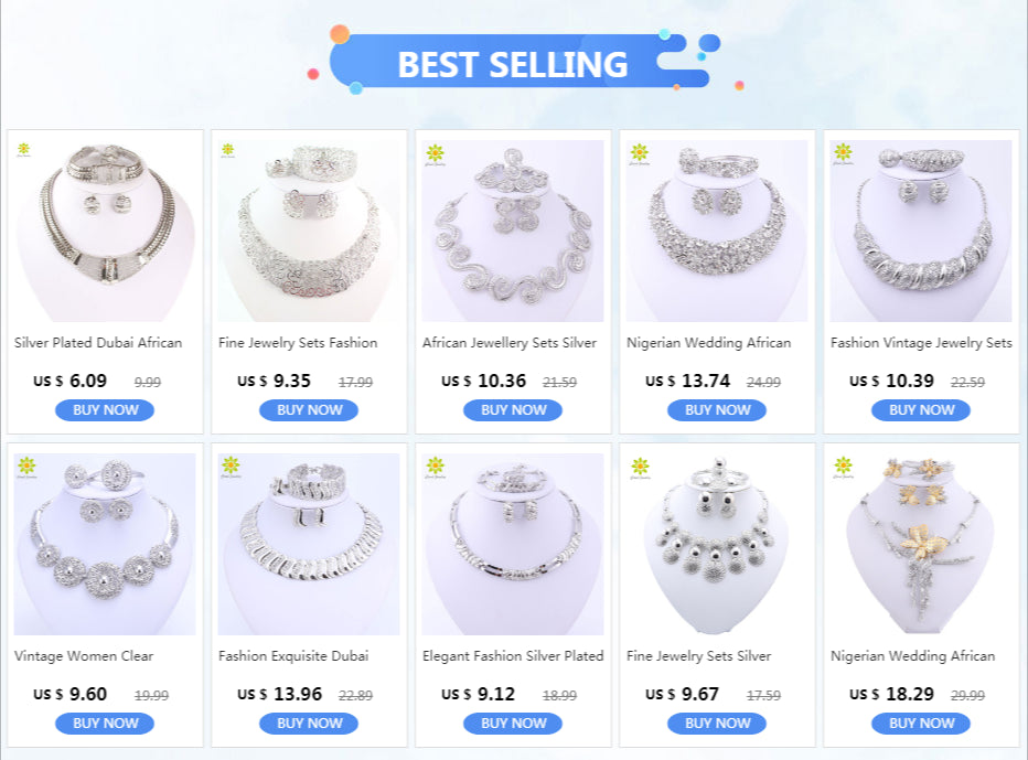 African Jewellery Sets Silver Color Hollow Out Necklace Bracelet Ring Earrings Sets Classic Bridal Jewelry Sets