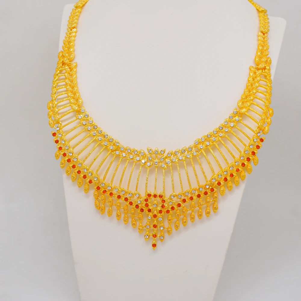 Trendy Nigerian Dubai Gold Color Jewelry Set For Women Tassel Long Chain Bridal Long Necklace Bracelet Earring Ring Wedding Sets