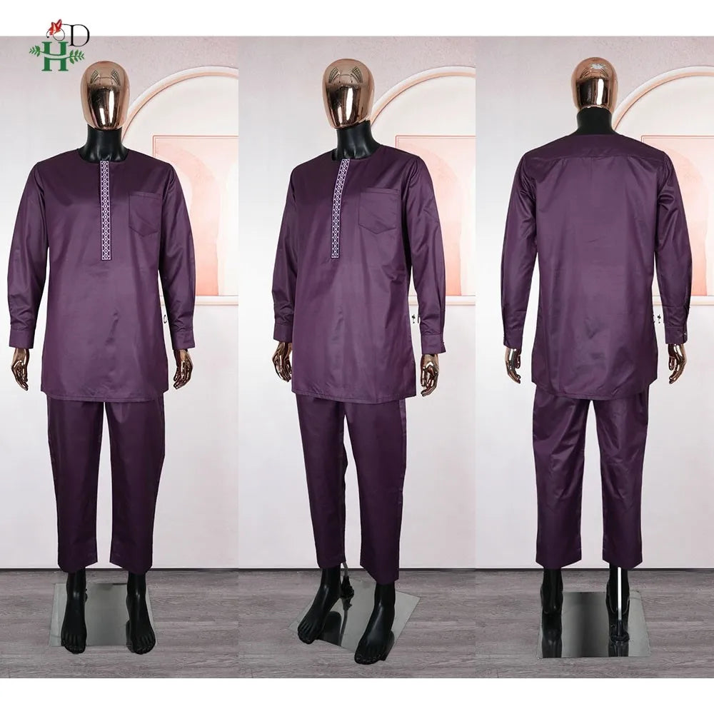 H&D African For Men Traditional 3PCS Outfit Thobe Set Purple Agbada Embroidered Robe Plus Size Wedding Christmas BouBou Ramadan