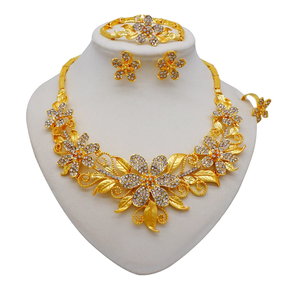 Necklace Sets For Women Dubai African Gold Color Jewelry Set Bride Earrings Rings Indian Nigerian Wedding Jewelery Set Gift