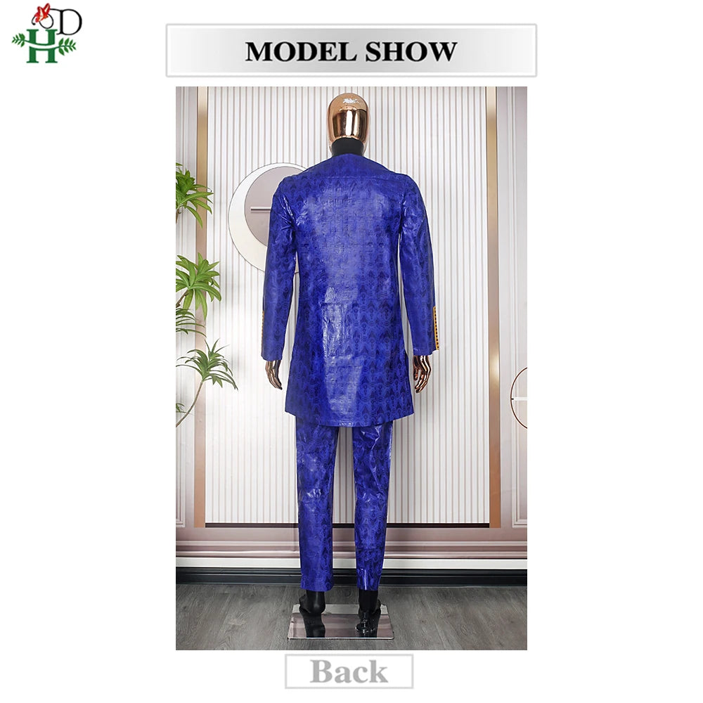 H&D New African Clothes for Men Tradition Clothing Embroidery Blue 2 Pcs Set Top Pant Bazin Muslim Wedding Party Dashiki