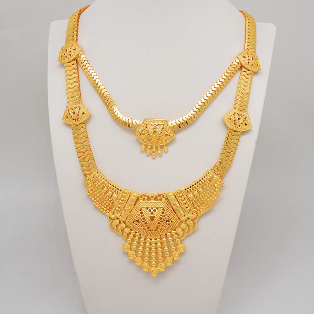 Trendy Nigerian Dubai Gold Color Jewelry Set For Women Tassel Long Chain Bridal Long Necklace Bracelet Earring Ring Wedding Sets