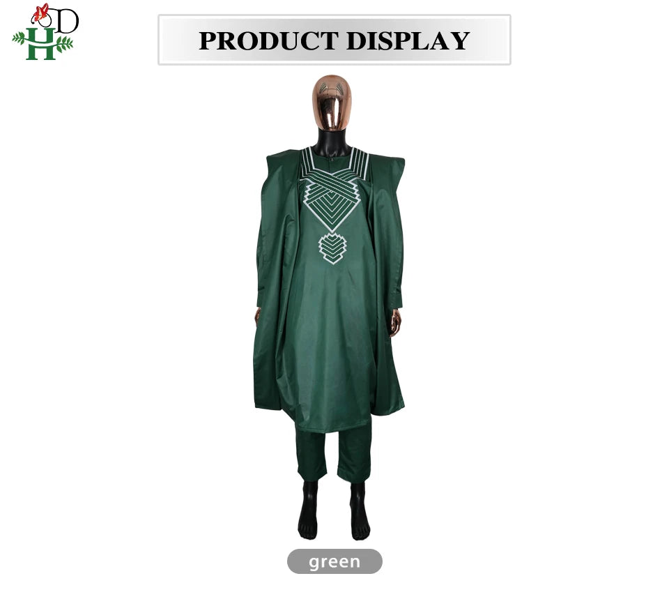 H&D African Clothes Plus Size For Men Elegant Party Wedding Thobe 3 PC Top and Pants Suits Set Daily Wear Embroidery Green Gown