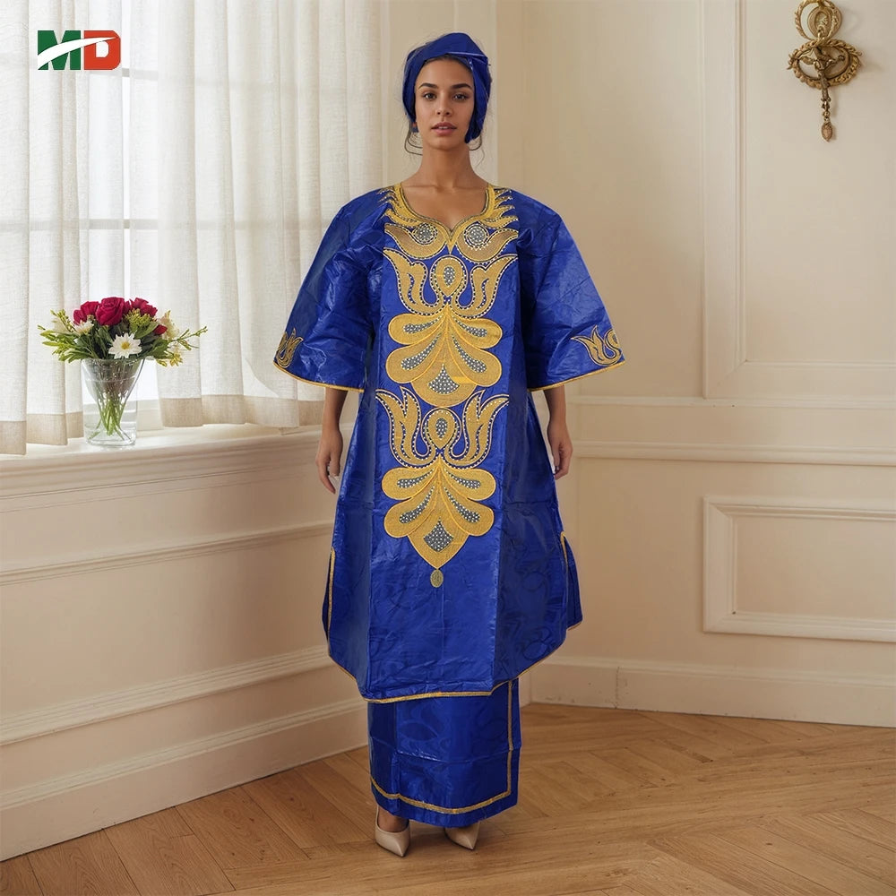 MD African Clothes For Women 2 PCS Sets Tops And Skirts Suits Bazin Riche Gown Dashiki Ankara Turkey Outfits Plus Size Dresses