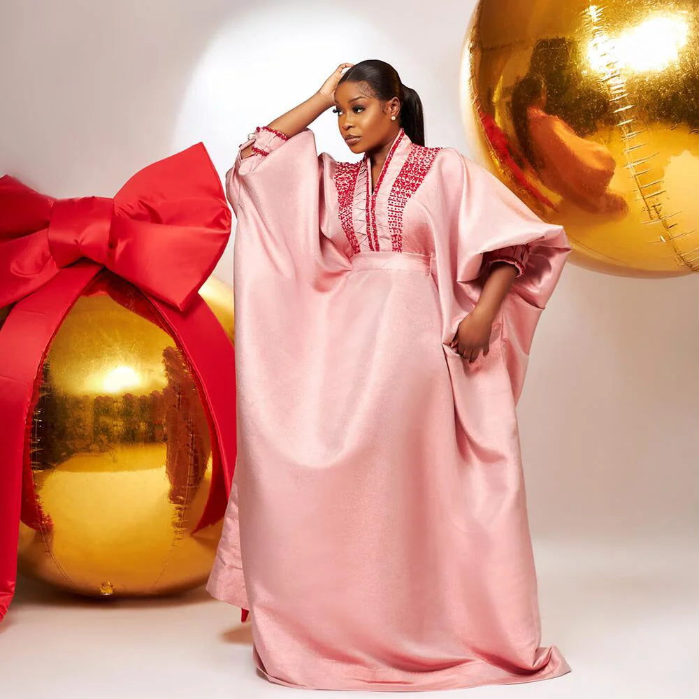 fashion turkey dresses for woman luxury elegant 2025 V-neck rhinestones dresses for church boubou  african dresses