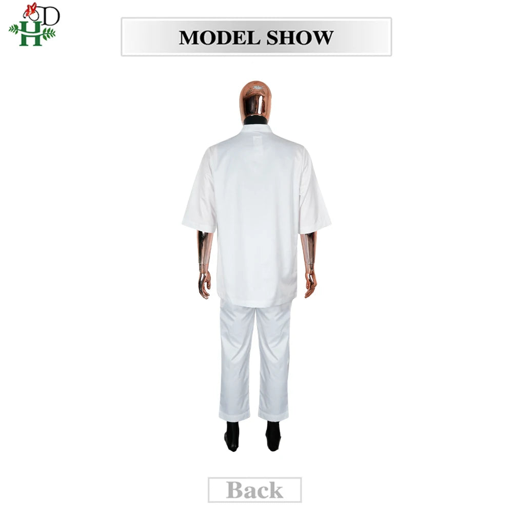H&D African White Top And Pant 2 PCS Sets For Men Embroidery Work Wear Thobe Traditional Wedding Party Suits Plus Size Clothes