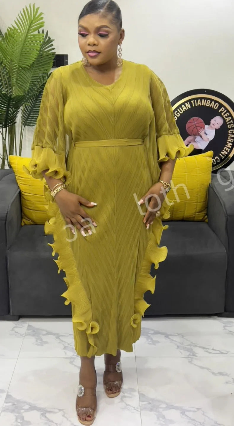 ANLAN Ruffles Pleated Dress Women V Neck Hanging Loose Style Dresses with Belt Female Elegant Clothing Spring 2025 New 2AN9083