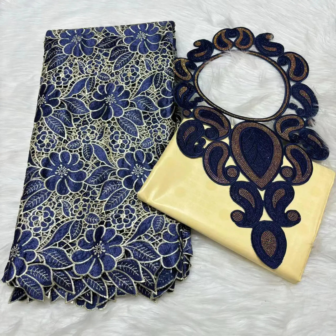 2024 High Quality 2.5yards Bazin Riche Brocade Fabric +2.5 Yards African Cotton Lace Fabric with Collar Set for Dress  M4-1212-1