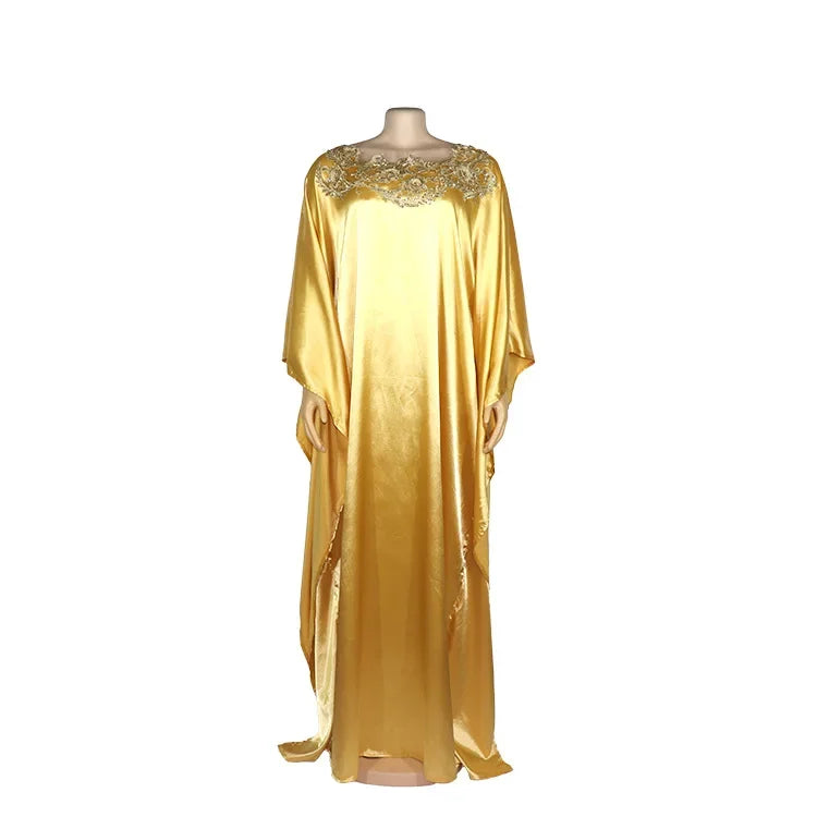 MCK Africa Gown Dress Silk Fabric Satin Gold Color Golden Flower Embroidery Diamond Abaya Party High Quality Maxi Long Dresses