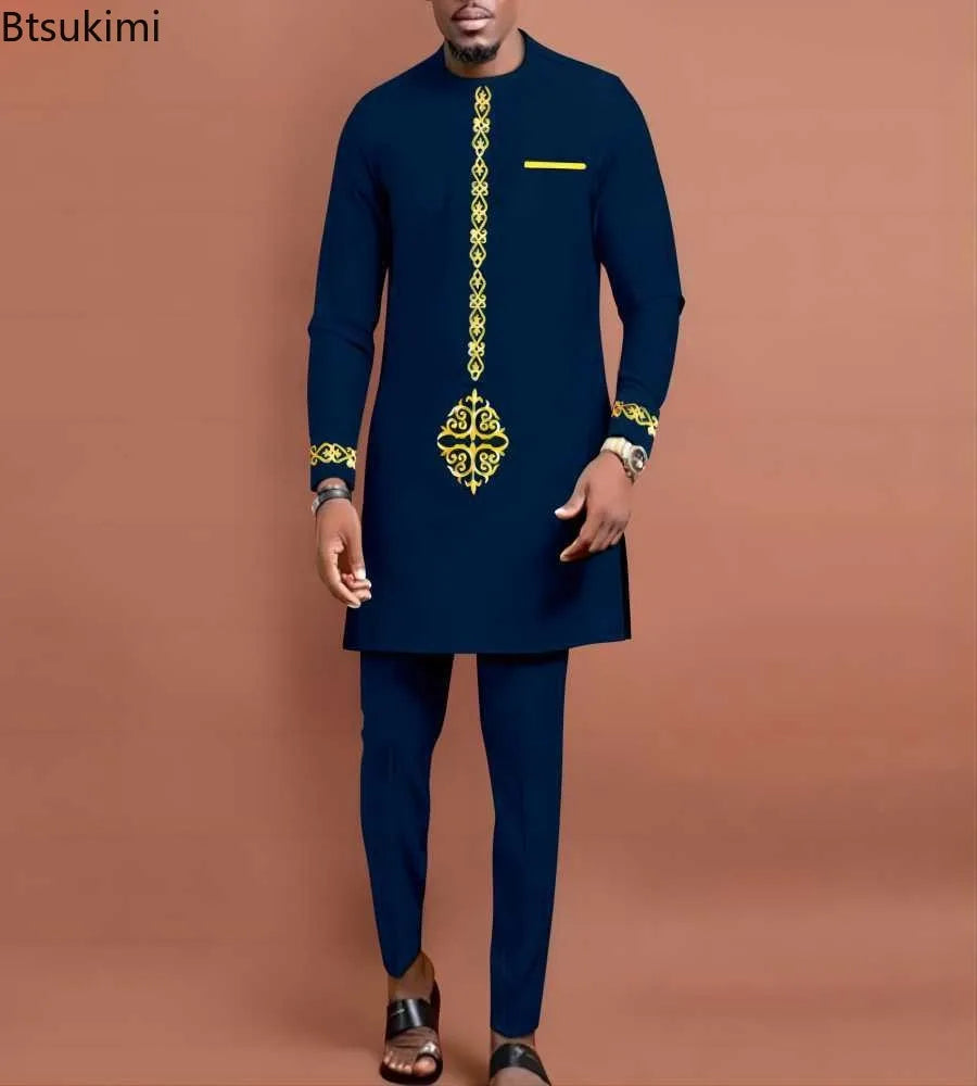 New Two-pieces Men's Dashiki Long Sleeve Top Pant Sets African Traditional Clothes Men's Luxury Kaftan Outfits Elegant Men Suits