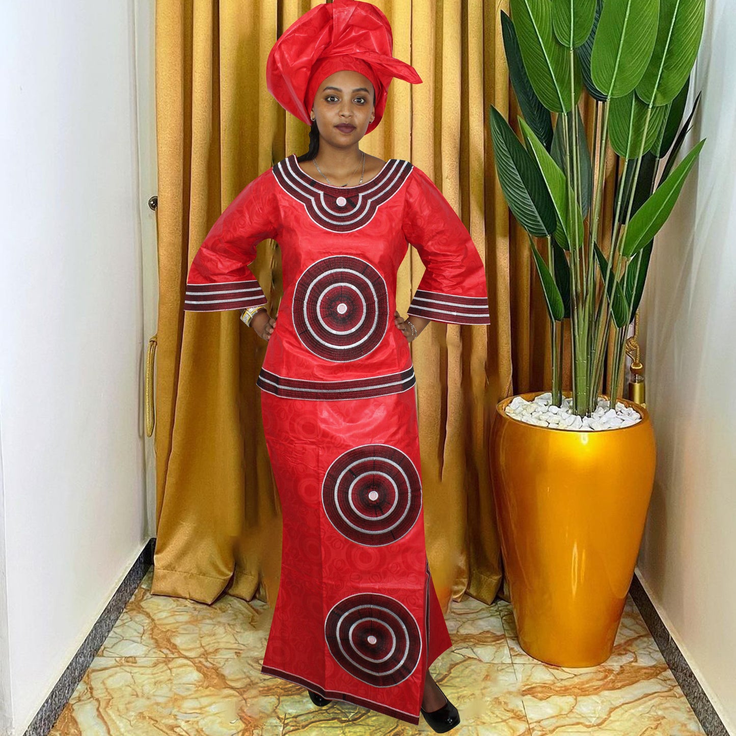 African Dresses For Women 3/4 Sleeve Top With Wrapper And Scarf 3pieces One Set 2 Size Smaller Than Us Size