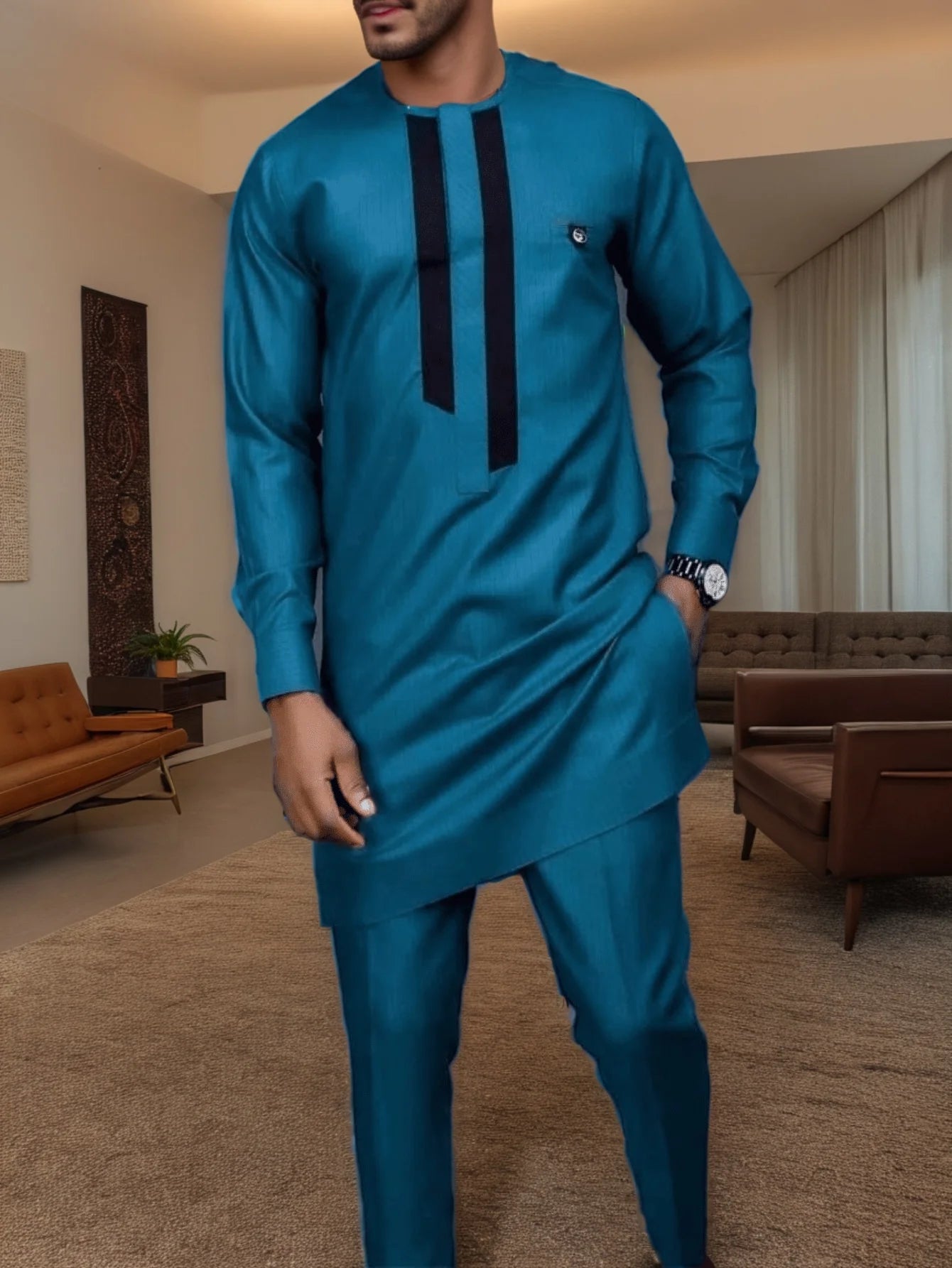 Kaftan Elegant Men's Suit Long Sleeve Ethnic Style Casual EmbroideryTop And Pants 2PCS Sets African Fashion Traditional Outfits