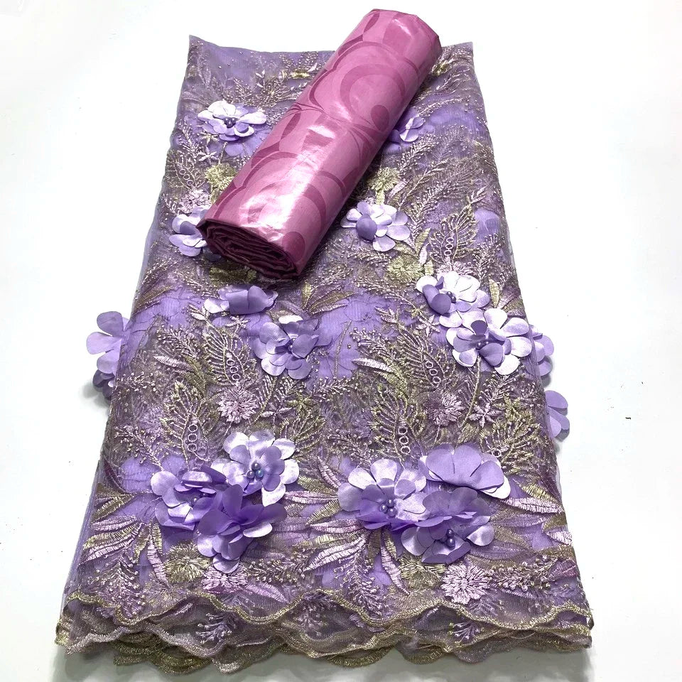 2.5 +2.5 Yards Latest African Lace Fabric 2025 High Quality Embroidered 3d Nigerian France Tulle Bazin Riche for Wedding Dress