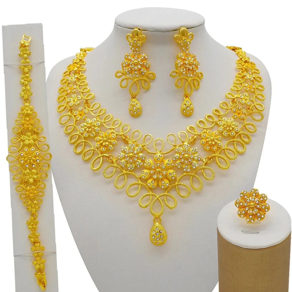 Necklace Sets For Women Dubai African Gold Color Jewelry Set Bride Earrings Rings Indian Nigerian Wedding Jewelery Set Gift