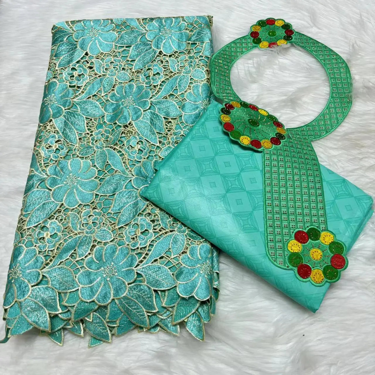 2024 High Quality 2.5yards Bazin Riche Brocade Fabric +2.5 Yards African Cotton Lace Fabric with Collar Set for Dress  M4-1212-1