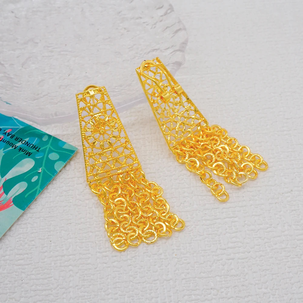 Dubai Jewelry Set Golden Color Drop Earring Cuff Bracelet Bangle Pendant Necklace Arab Wedding Gift