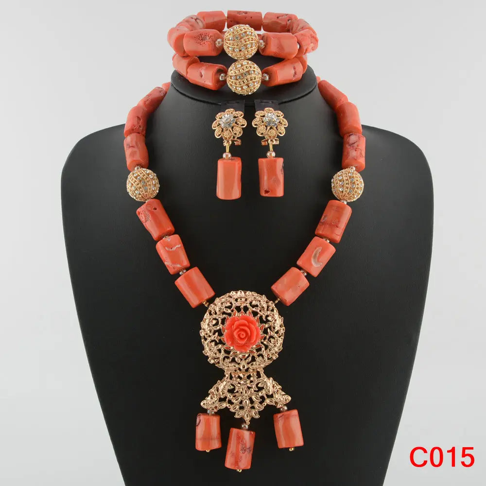 Fashion Nigerian Coral Beads Necklace Earrings Set for Bride New African Wedding Jewelry Set