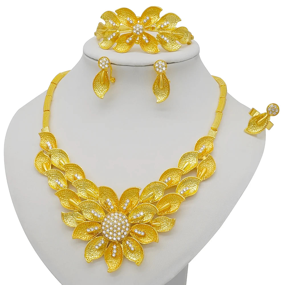 Nigeria Dubai Gold Color Fine Flowers Jewelry Sets African Wedding Gifts Party For Women Bracelet Necklace Earrings Ring Set