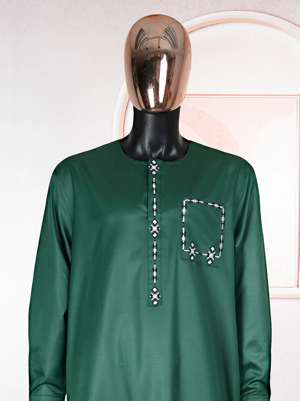 H&D 2025 African Nigerian Fashion Men Green Traditional Outfits Muslim Thobe Suit Complete Print 2 PCS Clothing Ramadan Sets