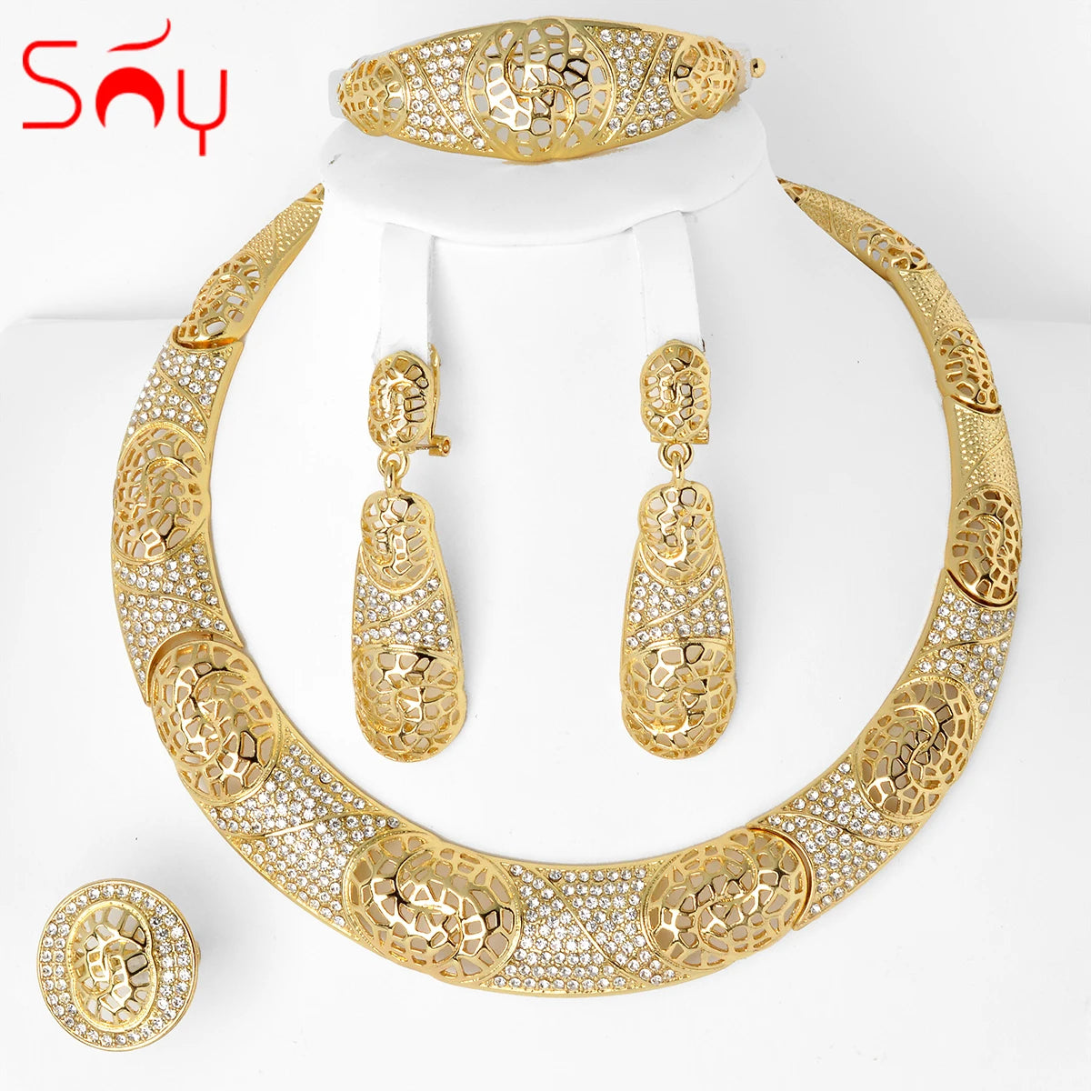 Sunny Jewelry Fashion Bridal Wedding Sets Zircon Classic 24K Gold Plated Earrings Necklace Bracelet Ring For Women Gifts