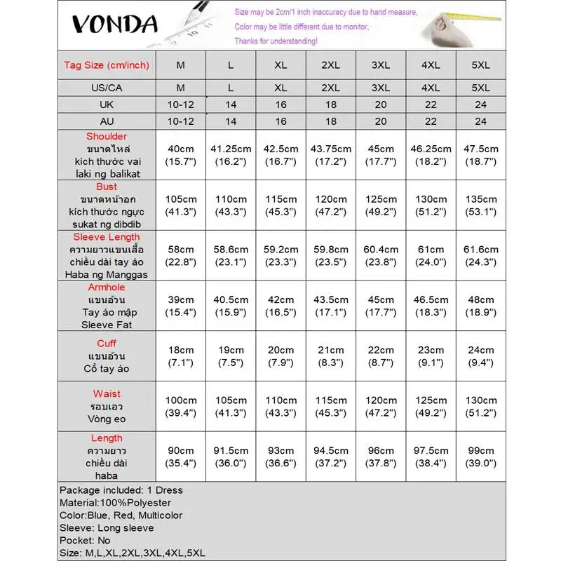 VONDA Plus Size 5XL Women Autumn Long Sleeve Printed Dress 2025 Bohemian Party Sundress Vintage A-Line Vestidos Loose Robe