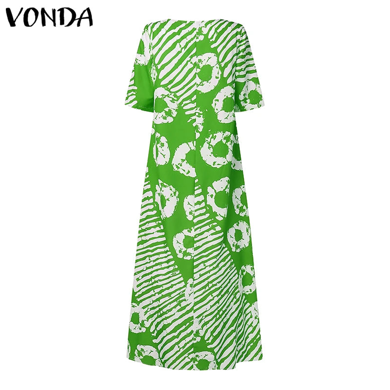 Plus Size Women Bohemian Maxi Dress 2025 Summer Printed Long Sundress VONDA Beach Party Vestidos Half Sleeve Casual Loose Robe