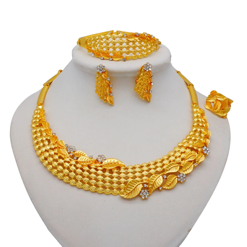 Necklace Sets For Women Dubai African Gold Color Jewelry Set Bride Earrings Rings Indian Nigerian Wedding Jewelery Set Gift