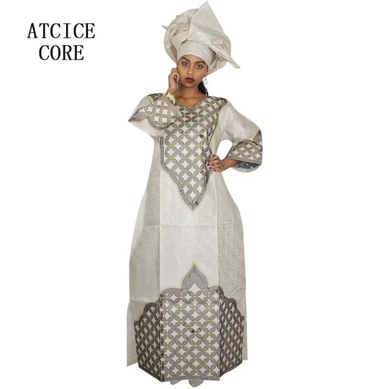 African Dress For Woman Bazin Riche Embroidery Design Long Dress With Scarf