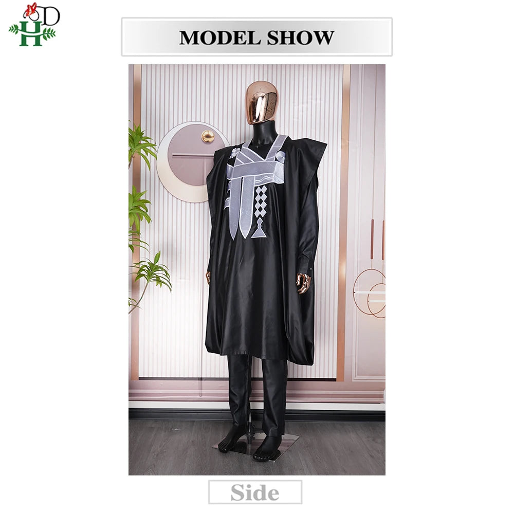 H&D African Clothes for Men Bazan Trads Wears Robe Shirt Pants 3 PCS Set Embroidery High -quality embroidery wedding dress