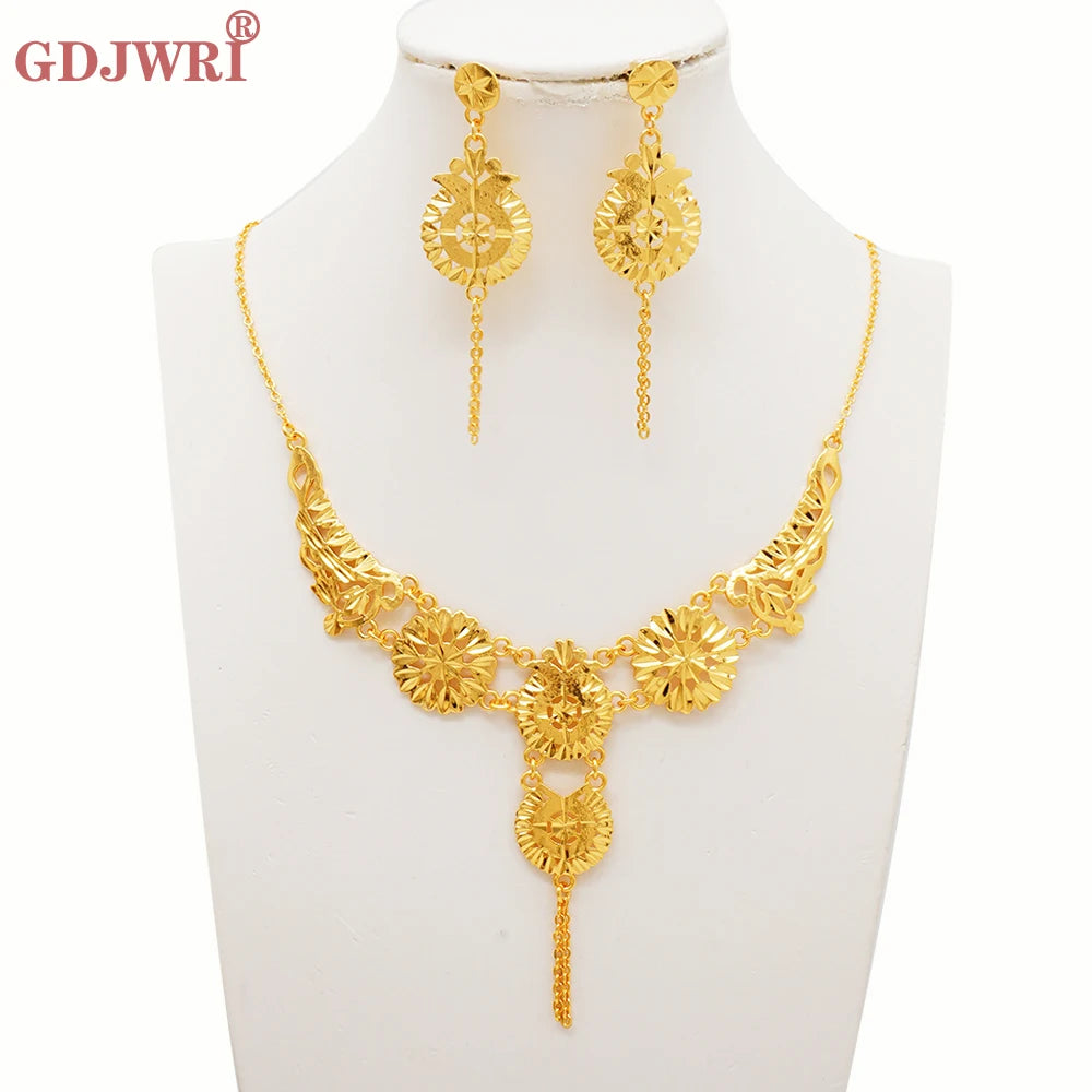 Luxury Indian Jewellery Earrings Necklace Jewelry Sets For Women Dubai Gold Color African Arabic Wedding Bridal  Party Gifts