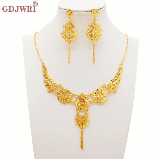 Luxury Indian Jewellery Earrings Necklace Jewelry Sets For Women Dubai Gold Color African Arabic Wedding Bridal  Party Gifts