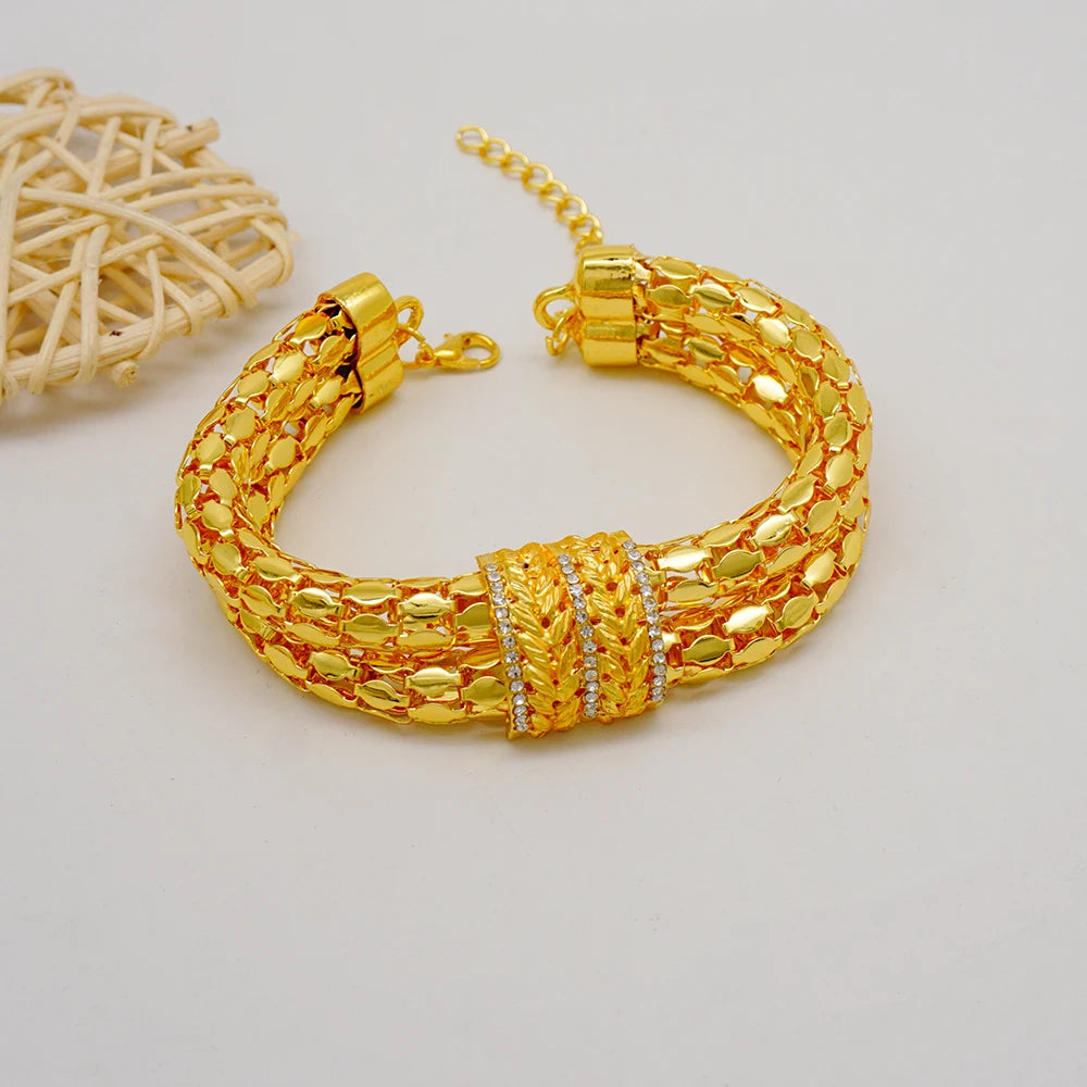 Trendy Nigerian Dubai Gold Color Jewelry Set For Women Tassel Long Chain Bridal Long Necklace Bracelet Earring Ring Wedding Sets