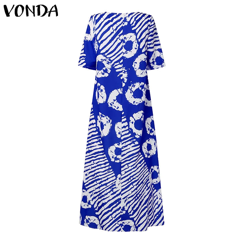 Plus Size Women Bohemian Maxi Dress 2025 Summer Printed Long Sundress VONDA Beach Party Vestidos Half Sleeve Casual Loose Robe