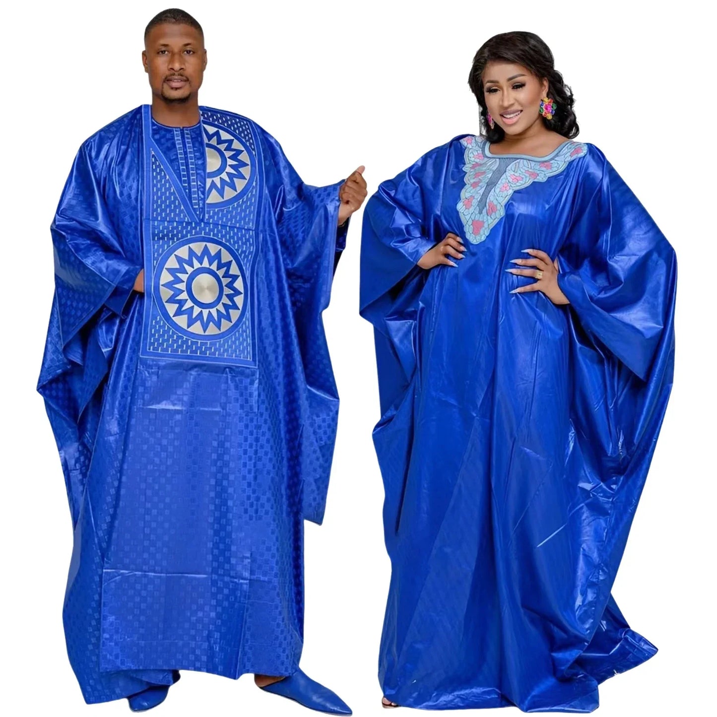 African Dresses For Couples Traditional  Bazin Embroidery Dresses Floor Length Dress With Scarf Couple Design