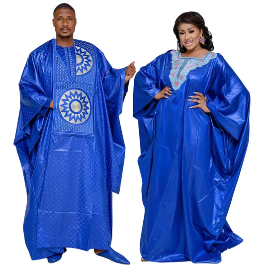 African Dresses For Couples Traditional  Bazin Embroidery Dresses Floor Length Dress With Scarf Couple Design