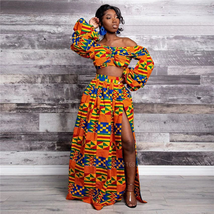 Elegant Women Two Piece Set Dress Sexy Slash-neck Sleeveless Blouse Top +High Slit Skirt Vintage Africa National Print Lady Suit